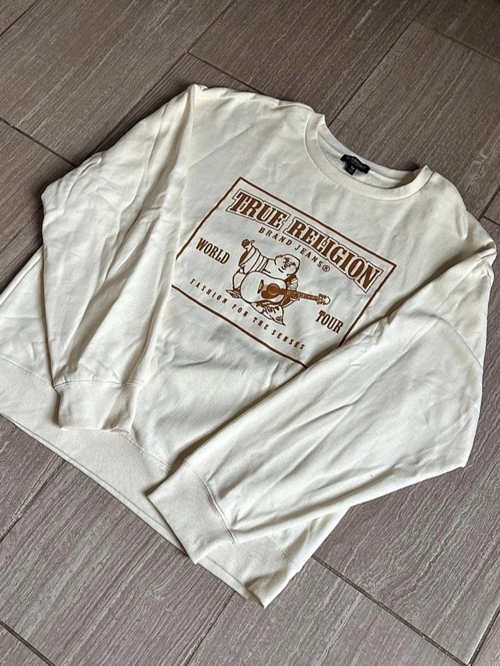 True Religion World Tour Buddha Graphic Crewneck Sweatshirt Cream Large